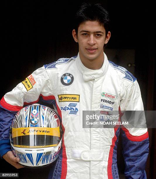 Aspiring Indian motor racing driver Akhil Khushlani poses at his home in Hyderabad on June 11, 2007. The seventeen year old has been awarded a...