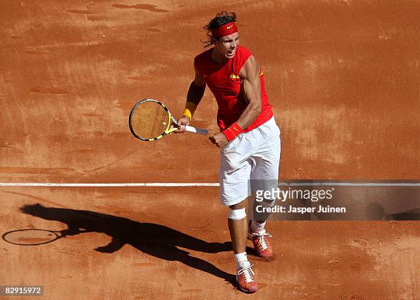 Rafael Nadal of Spain celebrates his win over Sam Querrey of the United States during day one of the semi final Davis Cup match between Spain and the...