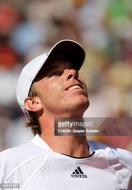 Sam Querrey of the United States reacts during during day one of his semi final Davis Cup match against Rafael Nadal of Spain at the Plaza de Toros...