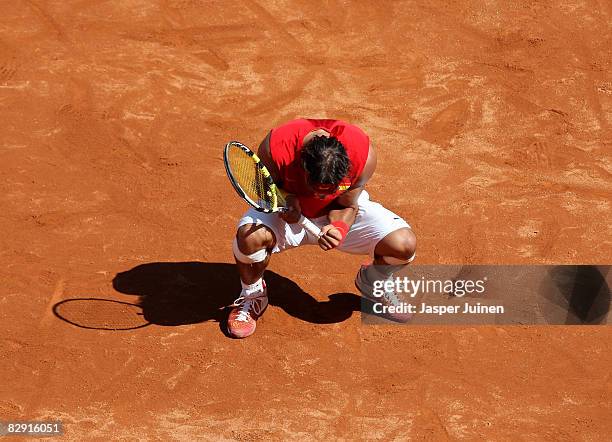 Rafael Nadal of Spain celebrates a point over Sam Querrey of the United States during day one of the semi final Davis Cup match between Spain and the...