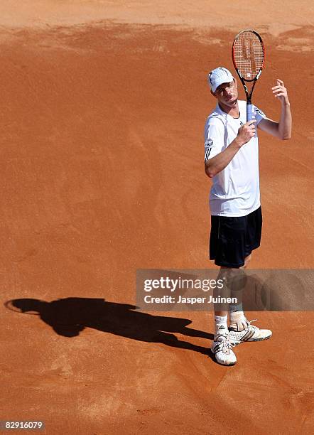 Sam Querrey of the United States reacts during day one of his semi final Davis Cup match against Rafael Nadal of Spain at the Plaza de Toros Las...