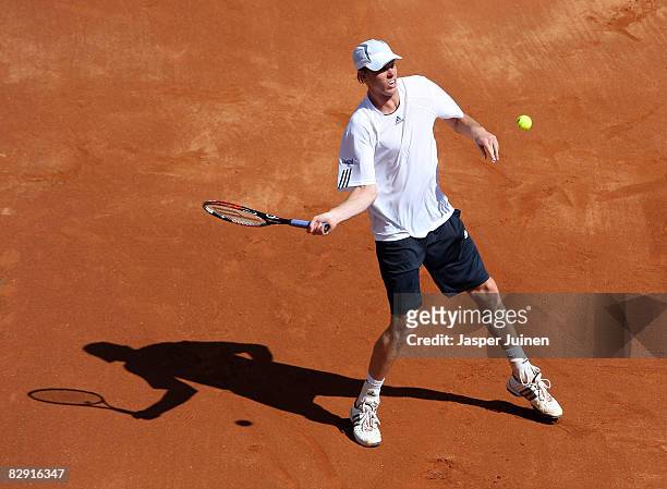 Sam Querrey of the United States returns a shot to Rafael Nadal of Spain during day one of the semi final Davis Cup match between Spain and the...