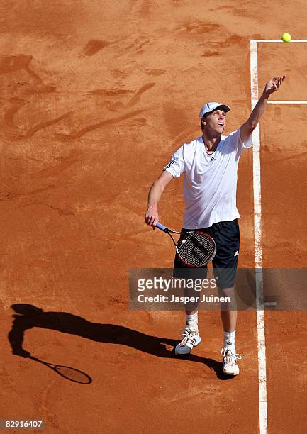 Sam Querrey of the United States serves the ball to Rafael Nadal of Spain during day one of the semi final Davis Cup match between Spain and the...