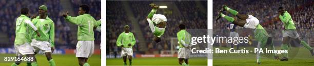 Sequence shows Nigeria's Julius Aghahowa performing acrobatics as he celebrates his second goal against hosts Scotland, during the friendly...