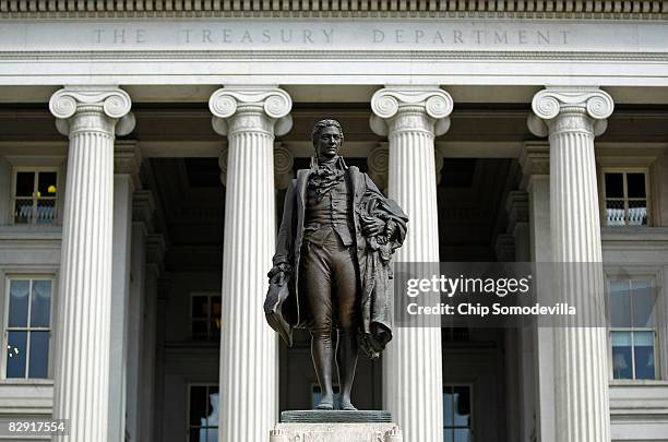 Statue of the first United States Secretary of the Treasury Alexander Hamilton stands in front of the U.S. Treasury September 19, 2008 in Washington,...