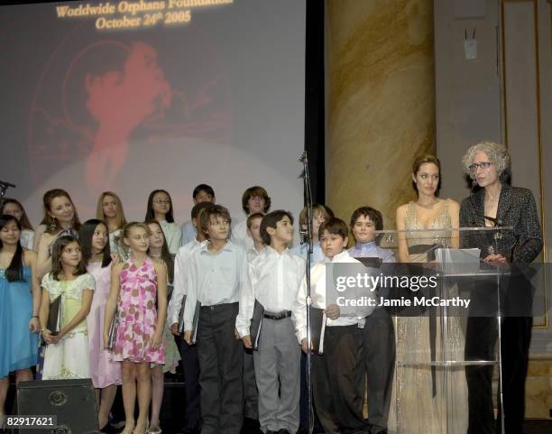 Angelina Jolie and Dr. Jane Aronson, Worldwide Orphans Foundation Founder with the Broadway Kids