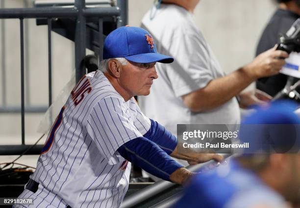 Manager Terry Collins of the New York Mets reacts in the dugout in the ninth inning of an MLB baseball game with his team losing to the Los Angeles...