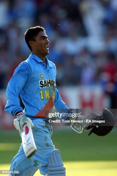 India's Mohammad Kaif celebrates hitting the winning runs during The NatWest Series final against England at Lord's, London. India defeated England...