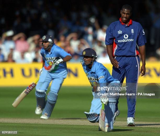 England's Alex Tudor reacts as India's Mohammad Kaif and Yuvraj Singh score runs during The NatWest Series final at Lord's Cricket ground in London....
