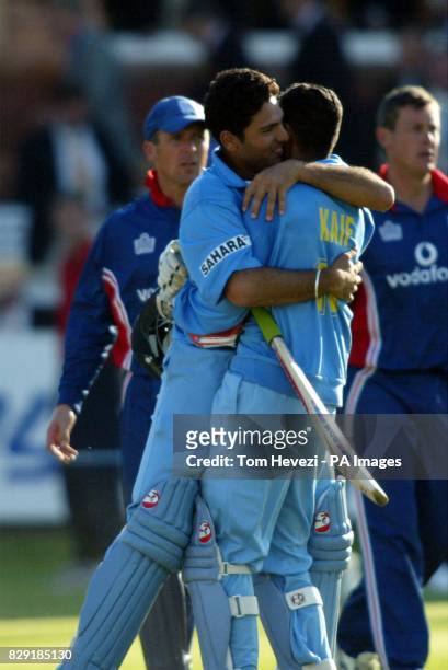 India's Mohammad Kaif is embraced by team-mate Yuvraj Singh after hitting the winning runs during The NatWest Series Final against England at Lord's,...