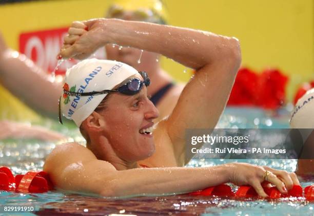 England's Karen Pickering celebrates after winning gold in the Women's 200m freestyle at the Manchester Aquatic Centre, Manchester.