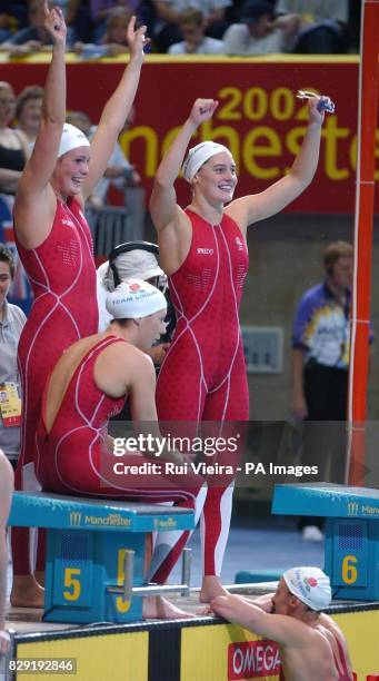 England's Karen Legg , Joanna Fargus , Karen Pickering and Georgina Lee celebrate after winning gold in the Women's 4 x200m freestyle Finals at the...