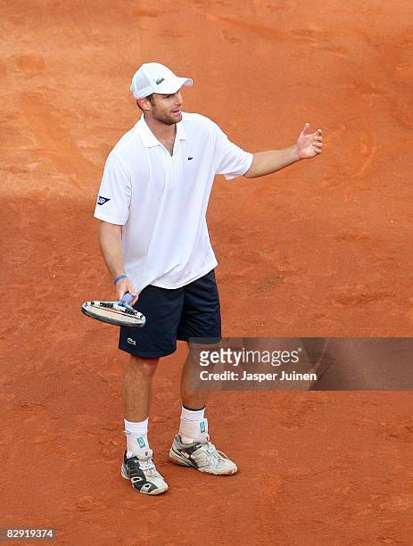 Andy Roddick of the United States reacts during day one of his semi final Davis Cup match against David Ferrer of Spain at the Plaza de Toros Las...