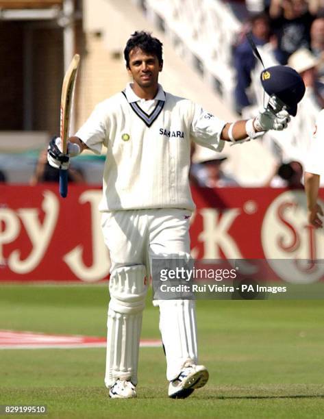 India's Rahul Dravid celebrates his century during the fifth and final day of the second nPower Test Match against England at Trent Bridge,...