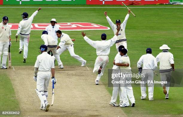 Joy for India as they claim victory at the third nPower test match on the fifth day at Headingley.England's Andrew Caddick trudges off as the last...