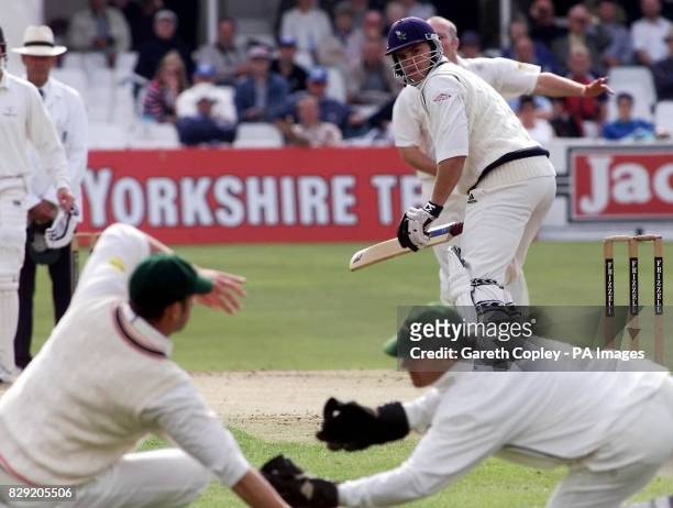 Yorkshire's Michael Lumb looks back as he is caught by Leicestershire wicketkeeper Neil Burns off the bowling of Vince Wells during the Frizzell...