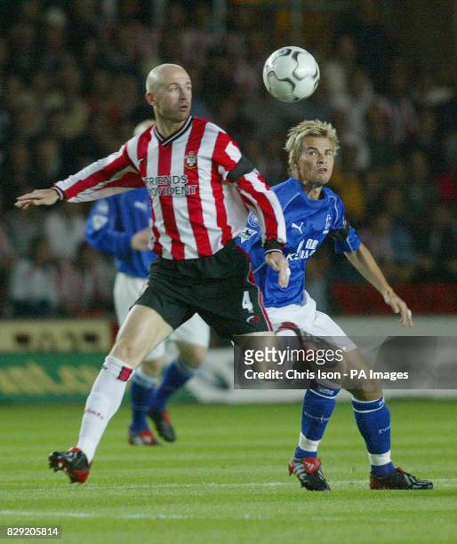 Southampton midfielder Chris Marsden gets the better of Everton's Niclas Alexandersson during the Barclaycard Premiership match at St Mary's,...