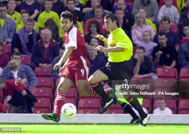 Watford's Paul Robinson in action against Jorge Leitao of Walsall during their Nationwide Division One game at Vicarage Road, Watford. THIS PICTURE...