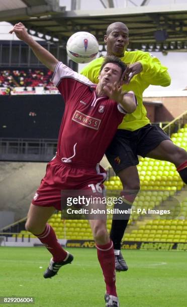 Watford's Micah Hyde in action with Danny Sonner of Walsall during their Nationwide Division One game at Vicarage Road, Watford. Final score: Watford...