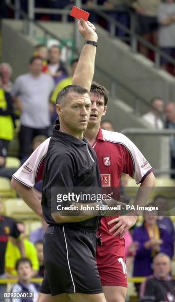 Danny Sonner of Walsall gets the red card during the Nationwide Division One game against Watford at Vicarage Road, Watford. Final score: Watford 2...