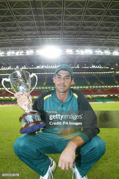 Rest of the World captain Stephen Fleming with the trophy after their side beat Britain 2-0 in the Power Cricket match at the Millennium Stadium.