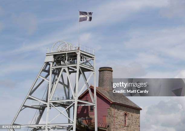 The Cornish flag is seen as Labour leader Jeremy Corbyn speaks at a campaign rally at Heartlands in Camborne on August 10, 2017 near Redruth,...