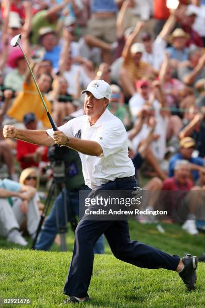 Boo Weekley of the USA team celebrates a birdie putt on the 12th hole during the afternoon four-ball matches on day one of the 2008 Ryder Cup at...