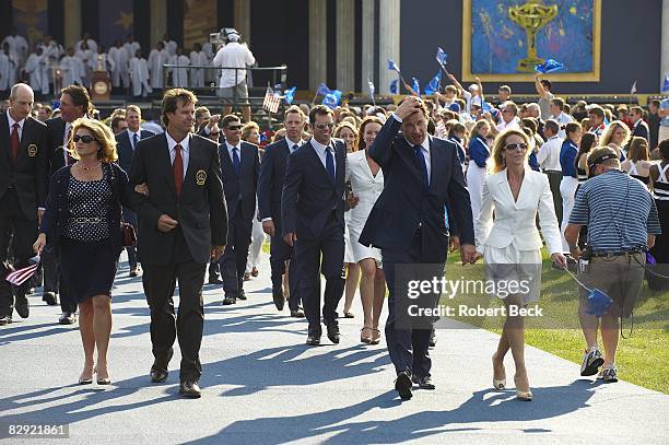 Team USA captain Paul Azinger with wife Toni and Team Europe captain Nick Faldo with ex-wife Valerie during Opening Ceremony on Thursday at Valhalla...