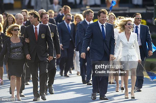 Team USA captain Paul Azinger with wife Toni and Team Europe captain Nick Faldo with ex-wife Valerie during Opening Ceremony on Thursday at Valhalla...