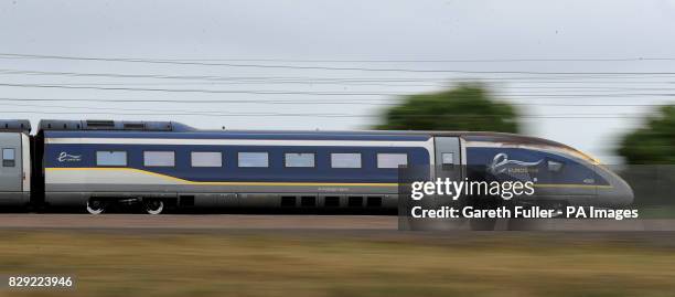 Eurostar e320 train, the latest train the Eurostar fleet, passes through Ashford, Kent.