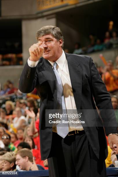 Bill Laimbeer, head coach of the Detroit Shock, makes a point to his team as the Shock take on the Indiana Fever in Game One of the Eastern...