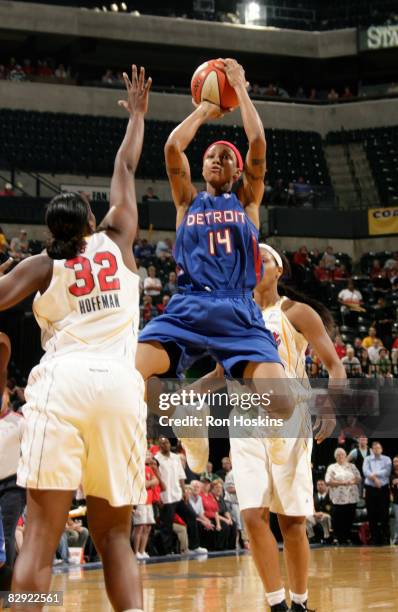 Deanna Nolan of the Detroit Shock shoots over Ebony Hoffman of the Indiana Fever in Game One of the Eastern Conference Semifinals during the 2008...