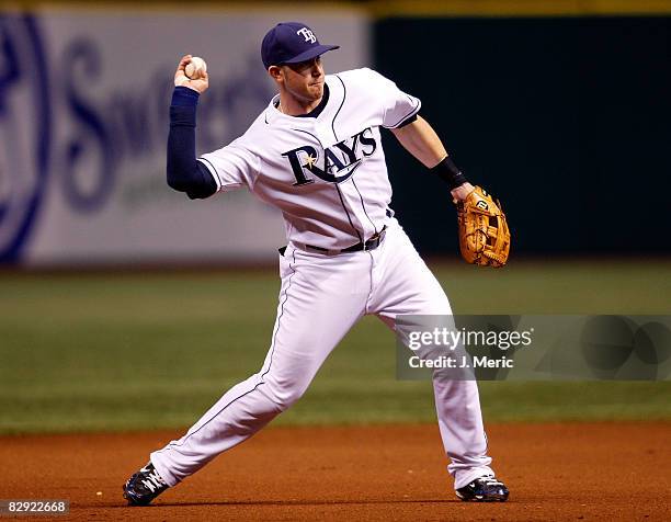 Infielder Evan Longoria of the Tampa Bay Rays throws to first for an out against the Minnesota Twins during the game on September 19, 2008 at...