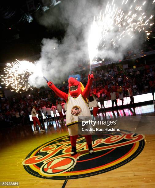 Freddie Fever, mascot for the Indiana Fever, fires up the crowd prior to the Fever taking on the Detroit Shock in Game One of the Eastern Conference...