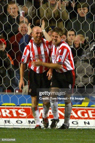 Southampton's Chris Marsden celebrates his equaliser against Newcastle with team-mate James Beattie, during their Barclaycard Premiership match at...