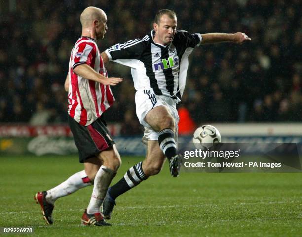 Chris Marsden of Southampton challenges Newcastle's Alan Shearer, during their Barclaycard Premiership match at Southampton's St. Mary's ground....