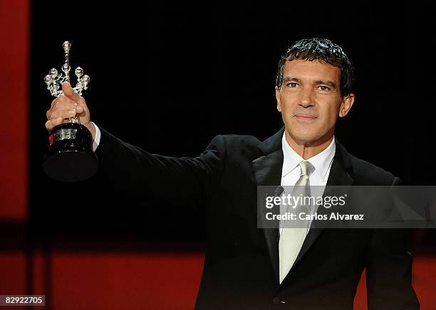 Spanish actor Antonio Banderas receives a Donosti Lifetime Achievement Award during 56th San Sebastian International Film Festival, at the Kursaal...