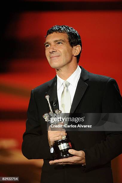 Spanish actor Antonio Banderas receives a Donosti Lifetime Achievement Award during 56th San Sebastian International Film Festival, at the Kursaal...