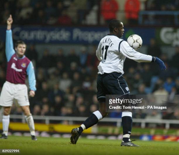 West Ham appeals for offside as Bolton's Martin Ricketts scores during their FA Barclaycard Premiership match at West Ham's Upton Park ground in...