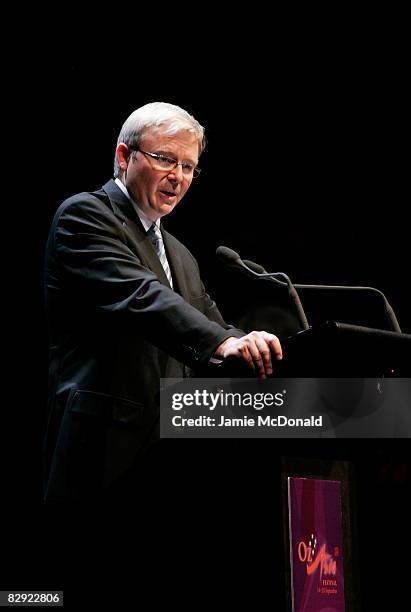 Prime Minister Kevin Rudd delivers the opening keynote speech at the OzAsia Symposium at the Banquet Room of the Adelaide Festival Centre on...