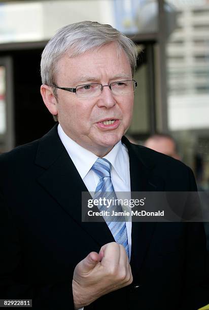 Prime Minister Kevin Rudd speaks to the press after delivering the opening keynote speech at the OzAsia Symposium at the Banquet Room of the Adelaide...