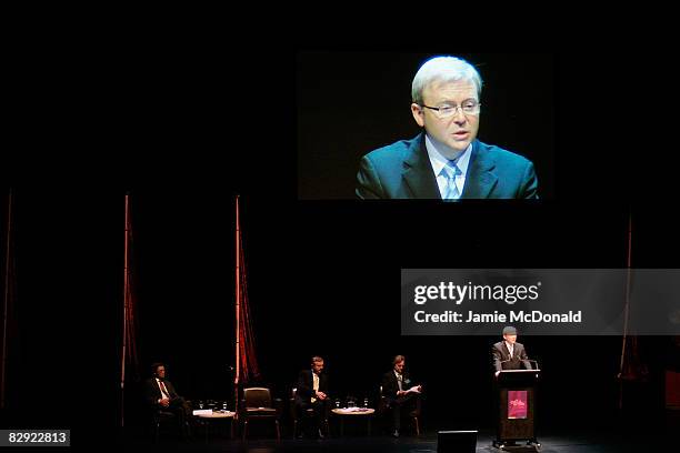 Prime Minister Kevin Rudd delivers the opening keynote speech at the OzAsia Symposium at the Banquet Room of the Adelaide Festival Centre on...