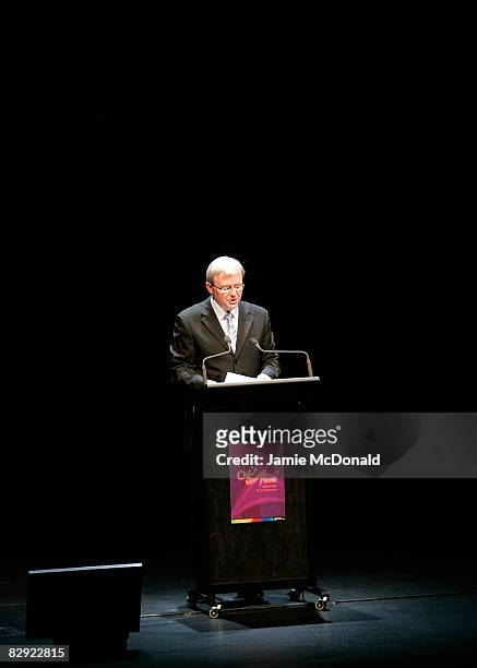 Prime Minister Kevin Rudd delivers the opening keynote speech at the OzAsia Symposium at the Banquet Room of the Adelaide Festival Centre on...