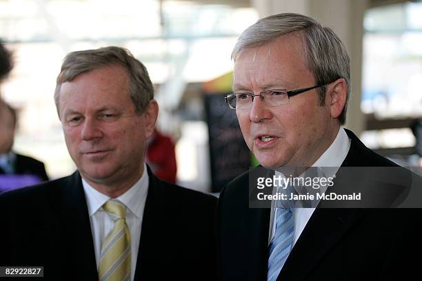 South Australian Premier Mike Rann looks on as Prime Minister Kevin Rudd speaks to the press after delivering the opening keynote speech at the...