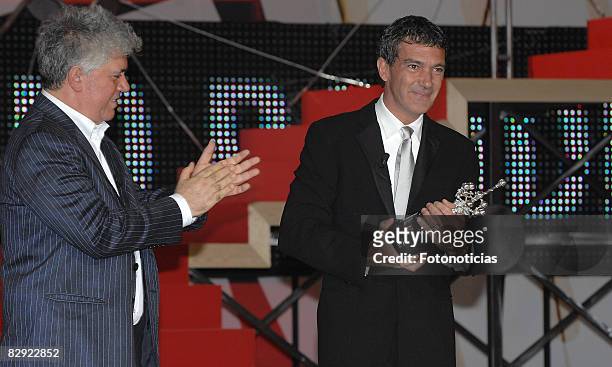Actor Antonio Banderas receives from director Pedro Almodovar a lifetime Donostia Award at The Kursaal Palace on September 19, 2008 in San Sebastian,...