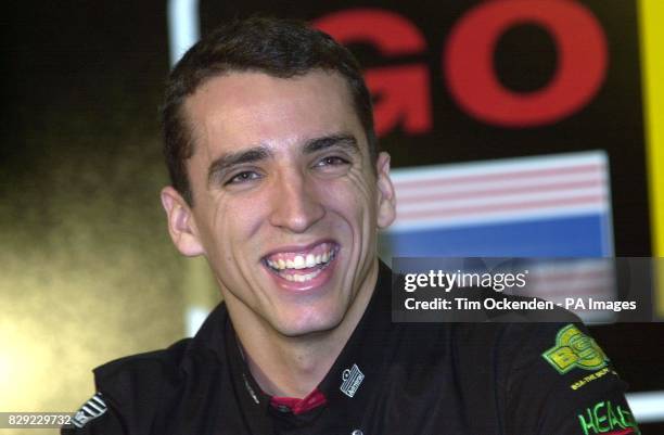 Minardi's new Formula One driver Justin Wilson of Great Britain, talks during a press conference at the Hilton Hotel, near Heathrow. Wilson from...