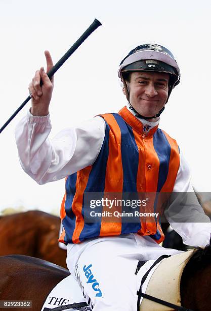 Jockey Vlad Duric, riding Fernandina, celebrates winning The Age Caulfield Guineas Prelude during Underwood Stakes Day at Moonee Valley Racecourse on...