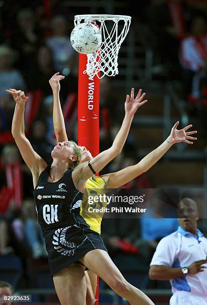 Casey Williams of the Silver Ferns and Catherine Cox of the Diamonds jump for the ball during game two of the New World Series match between the New...