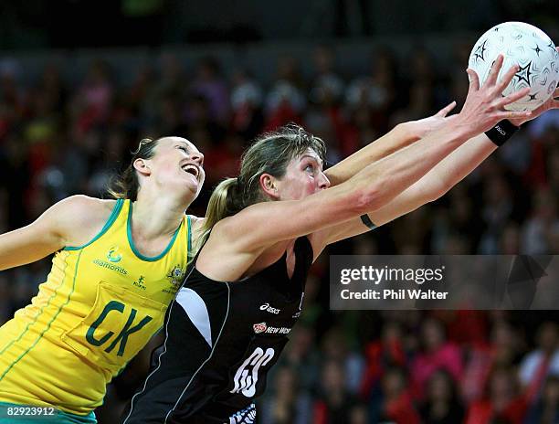 Irene Van Dyk of the Silver Ferns and Bianca Chatfield of the Diamonds compete for the ball during game two of the New World Series match between the...