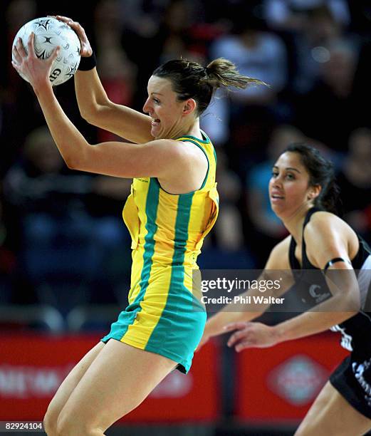 Bianca Chatfield of the Diamonds takes a pass in front of Daneka Wipiiti of the Silver Ferns during game two of the New World Series match between...